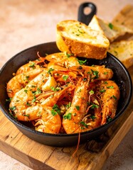 Fototapeta premium Rustikale Knoblauch-Garnelen aus der Pfanne – mediterraner Genuss mit Baguette