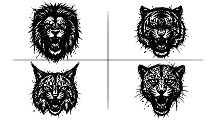 Obraz premium Animal Heads Illustration with Four Lion Tiger Patterns in Black Ink Sketch Style on a White Background