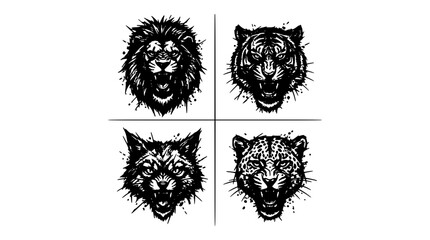 Fototapeta premium Animal Heads Vector Illustration Featuring a Lion, Tiger, Wolf, and Leopard in a Grunge Ink Splash Style.