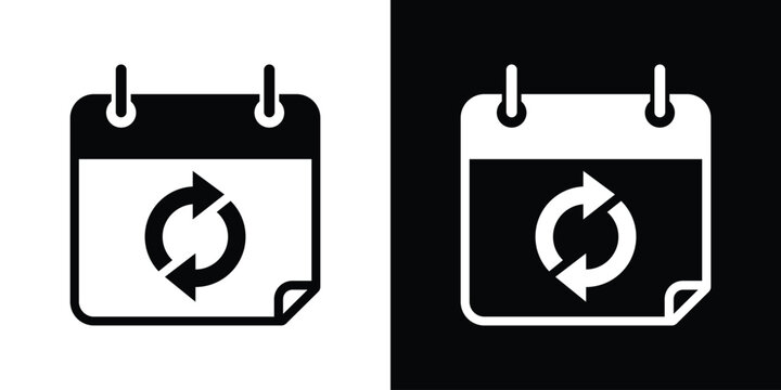 Calendar icon with circular arrows reload symbol vector. Recurring event, subscription renewal, update schedule, and routine concept on split background.
