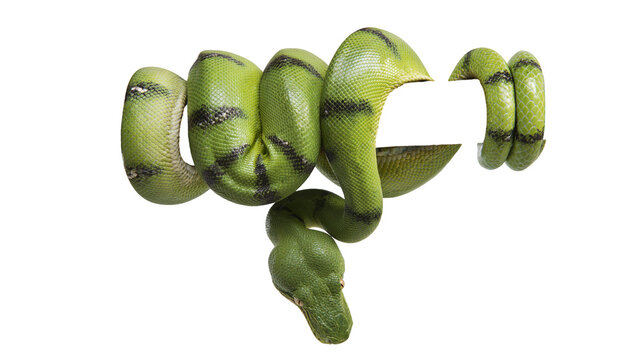 Green python coiled with black stripes and white card