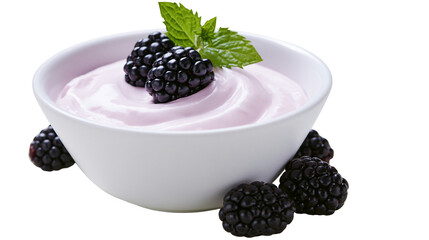 White bowl of pink yogurt with blackberries and mint leaf © Paula