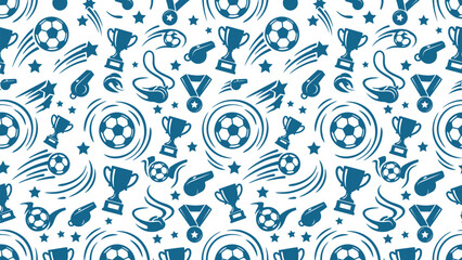 Fototapeta premium Seamless sports icon pattern with trophies, soccer balls, stars and motion swooshes. Vector EPS 10.