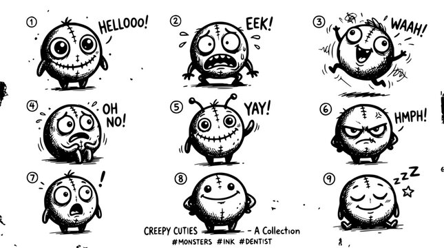 Cartoon Monsters Expressing Various Emotions in a Grid Illustration Featuring Cute, Funny, Expressions with Happy and Sad