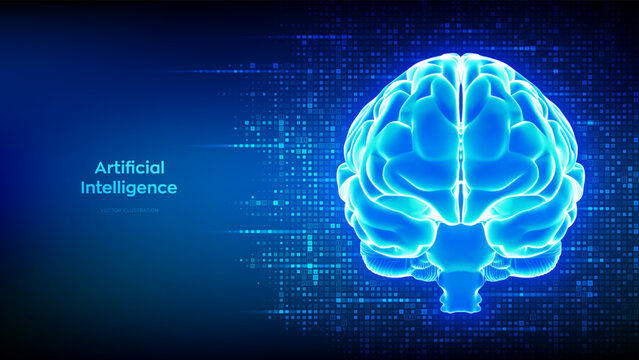 Brain. AI. Futuristic digital brain. Concept of artificial intelligence, innovation technology, data science, machine learning. Binary code background with digits 1.0. Binary data. Vector illustration