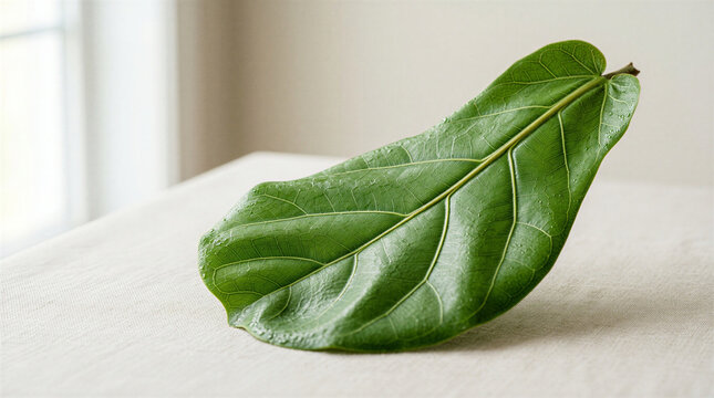 Single vibrant green fiddle leaf fig plant leaf resting on a clean textured white fabric surface in natural morning light
