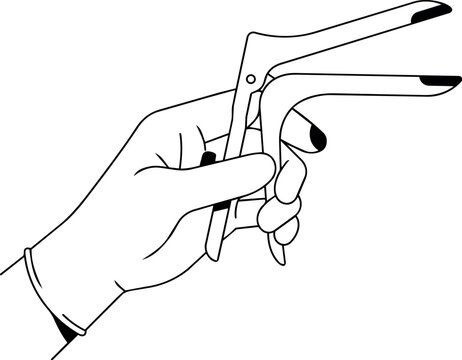 Hand holding a vaginal speculum medical instrument illustration