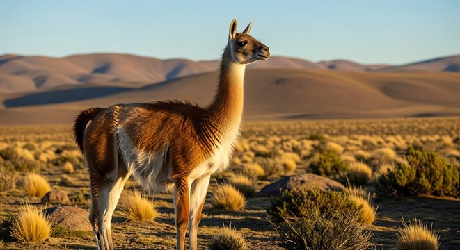 Alert Brown Guanaco Standing in Golden Desert Grassland with Distant Sand Dunes
