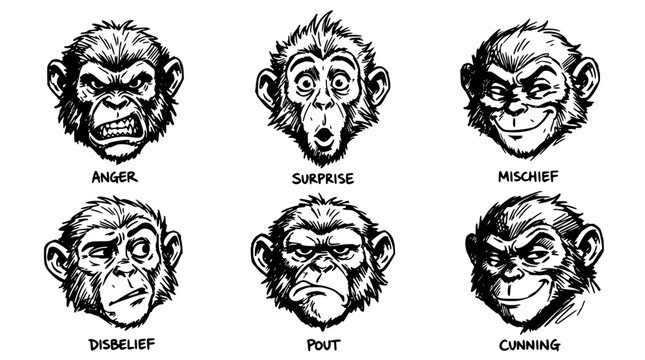 Monkey Faces Illustrating Various Emotions and Expressions Featuring Face, Anger, Surprise with Mischief and Disbelief Elements