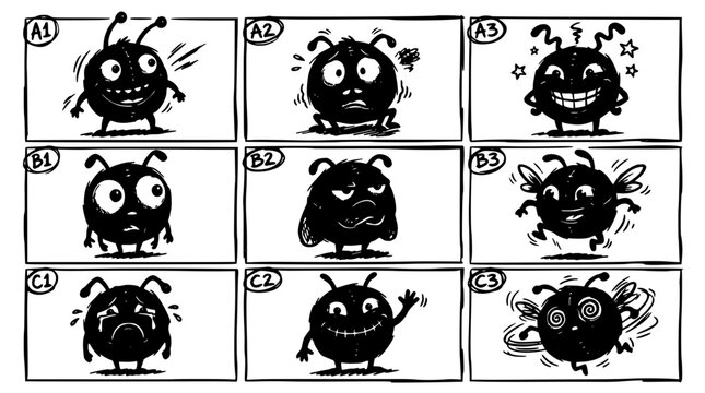 Monster Character Grid with Cute Cartoon Bugs and Aliens in Black and White Ink Style Featuring Bug, Alien, Creature with Panel