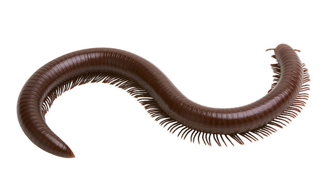 Dark brown millipede with many legs curled on white