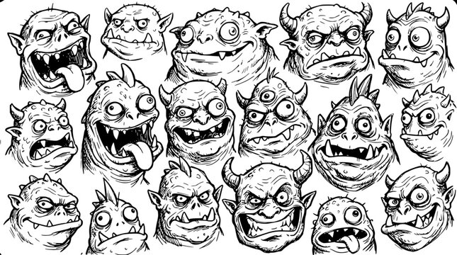 Monster Faces Sketch Set of Whimsical Hand Drawn Creature Heads with Exaggerated Expressions and Ink Linework for Fantasy Design