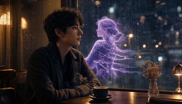 Lonely Young Man Watching Ethereal Holographic Woman Through Rainy Cafe Window at Night