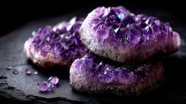 Intricate purple amethyst geode slices revealing sparkling crystal formations and raw geological beauty