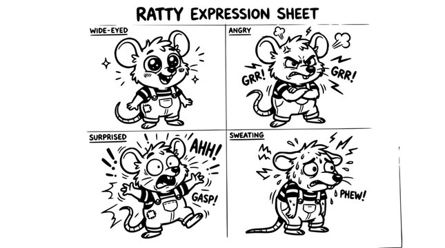 Ratty Character Expression Sheet with Wide-Eyed Emotions, Angry Grr, Surprised Gasp, Sweating and Phwef Outburst Poses