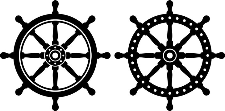 Ship wheel icon set. Nautical steering symbols in flat black silhouette style. Editable vector illustration on white background.