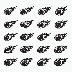 Obraz premium Meteor Silhouette Icon Set – Explosive Fireball Vector Designs