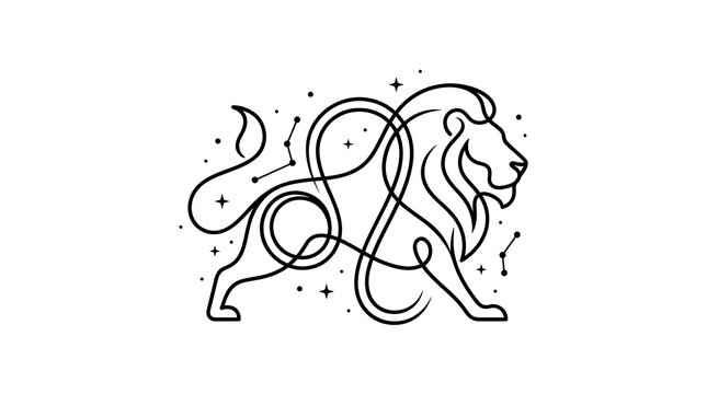 Minimalist Leo Zodiac Lion Continuous Line Art Illustration with Stars