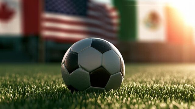 Soccer ball on grass with North American flags blurred in the background