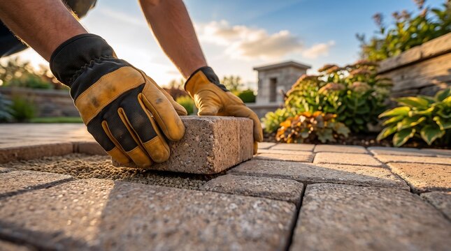 Professional landscaper lays interlocking paver stones for garden patio construction in a beautiful backyard setting during the warm golden hour sunlight