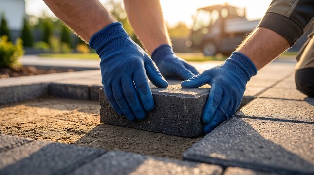 Construction worker installing concrete pavers for a patio walkway at sunset in a residential backyard setting with professional tools