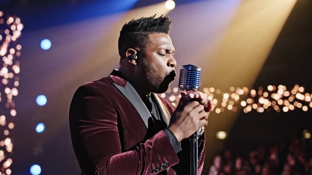 Singer performs on stage with bright lights and microphone at a live event
