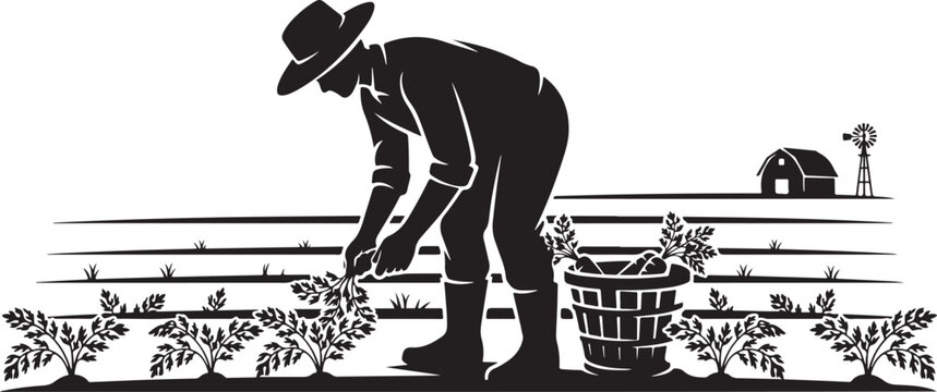 Farmer planting in a field, with a basket and farm background