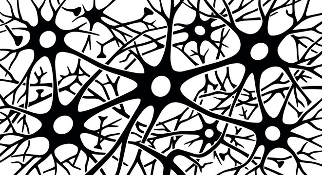 Black silhouette neuron cells with dendrites connecting in network pattern