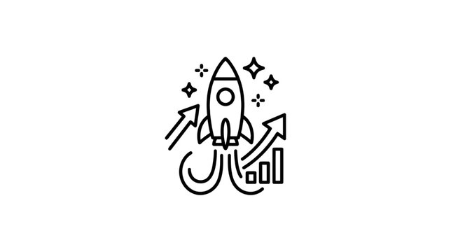 Black line art rocket ship launching with growth charts and stars