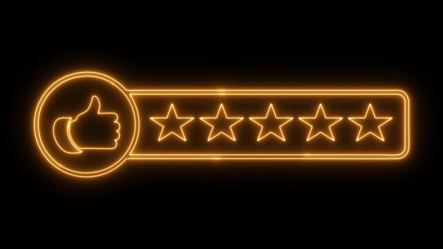 Glowing neon top 5 star rating icon animation on black background. top 5 star customer product rating review icon. customer review concept, five star feedback icon animation. Symbol, advertising badge