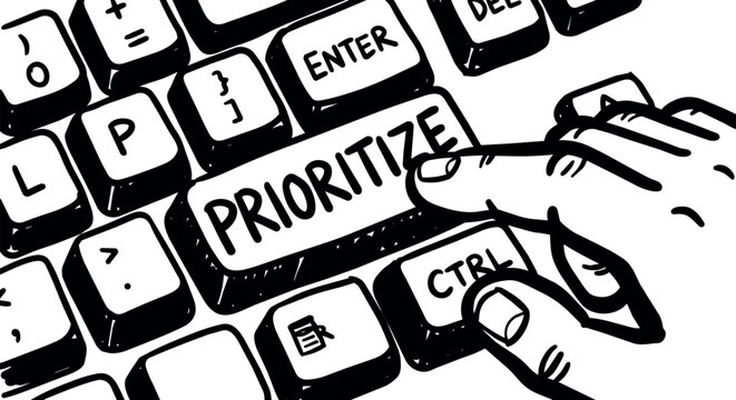 Hand pressing keyboard key labeled prioritize in black and white illustration