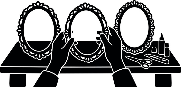 Hands holding a decorative oval mirror on a vanity table with scissors and bottles