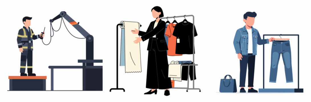 Modern textile industry workflow from fabric production to retail display