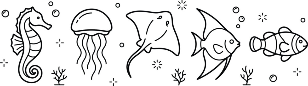 Cute underwater sea animal coloring page collection featuring seahorse jellyfish stingray angelfish and clownfish outline vector set