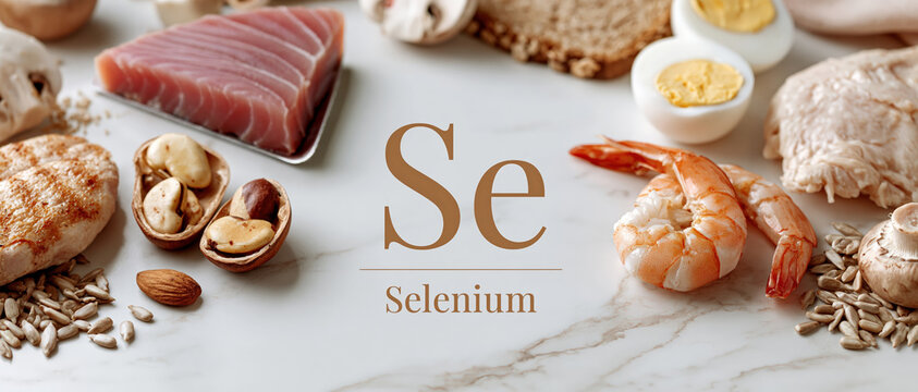 Holistic nutrition concept for health and wellness content selenium rich foods including shrimp, brazil nuts, egg, chicken, fish, seeds, and mushrooms styled on white marble with elegant.