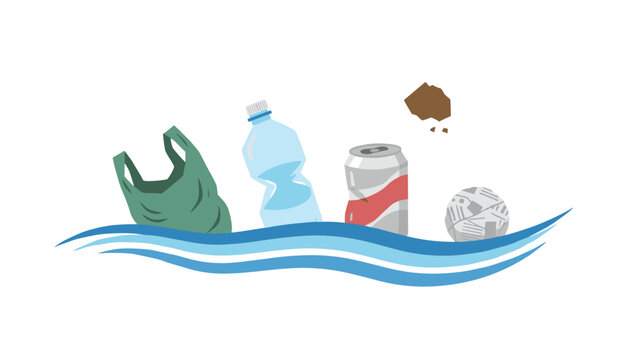 Plastic waste floating on stylized blue ocean waves including discarded bottles bags and cans for environmental pollution and marine conservation awareness.
