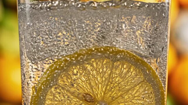 Refreshing drink with lemon and ice in bright setting