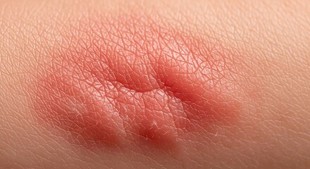 Fototapeta premium Close-up of a red, inflamed skin rash or allergic reaction on human skin.
