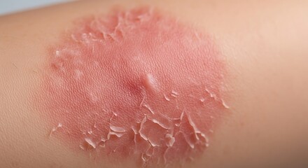 Fototapeta premium Close-up of a red, scaly skin rash with peeling edges on a persons arm.