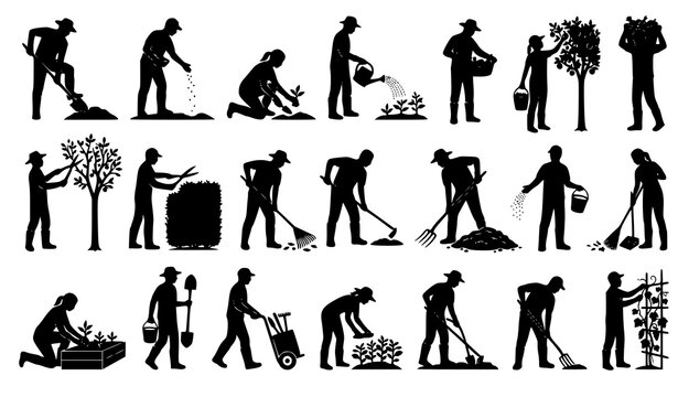 Farm and Garden Worker Silhouette Vector Collection with Agricultural Labor Poses