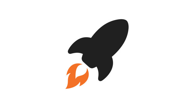 A simple black rocket icon with orange flames on a white background