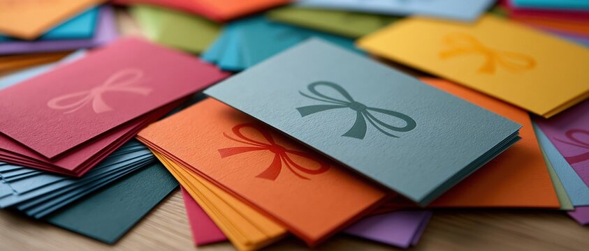 Vibrant pile of multicolored gift cards embossed with bow motifs perfect for retail promotions, holiday campaigns, loyalty programs, and festive marketing designs.