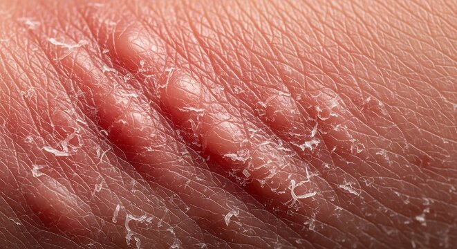 Close-up of a skin condition with peeling and inflammation.