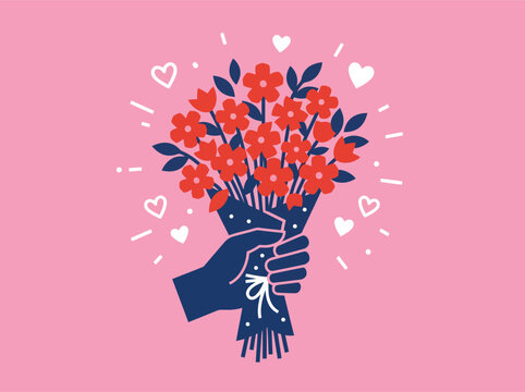 Stylized Illustration of a Hand Holding a Bouquet of Red Flowers for Valentines Day Celebration