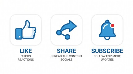 Fototapeta premium Three blue social media engagement icons: like, share, and subscribe, displayed on a clean white background.
