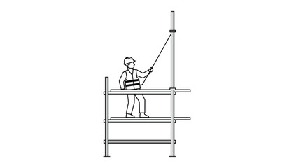 Fototapeta premium Construction worker wearing a safety hard hat and high visibility vest stands on metal scaffolding while performing maintenance or assembly tasks.