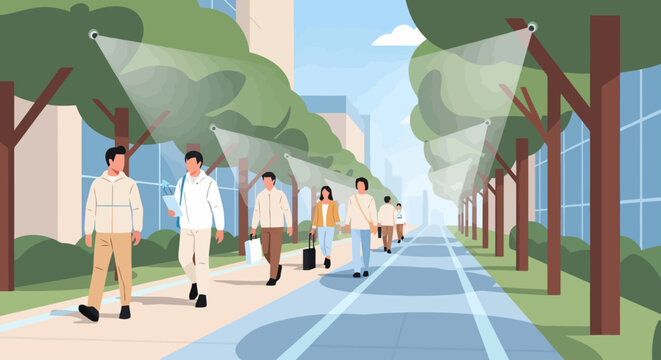 Diverse group of people walking on a sunny day.