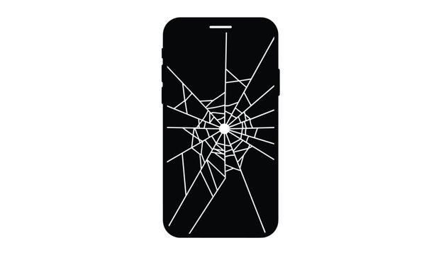 Solid black smartphone silhouette features a prominent white cracked screen pattern with a central circular impact point indicating severe glass damage.