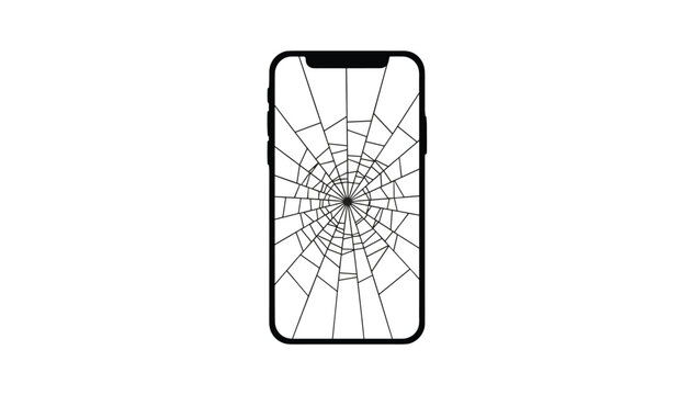 Black smartphone frame displays a shattered screen with intricate spiderweb cracks radiating from the center point of the damaged glass surface.