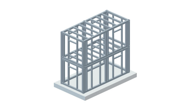 Two-story steel frame construction skeleton on concrete foundation, isometric view, modular building structural design, industrial engineering or architecture concept.